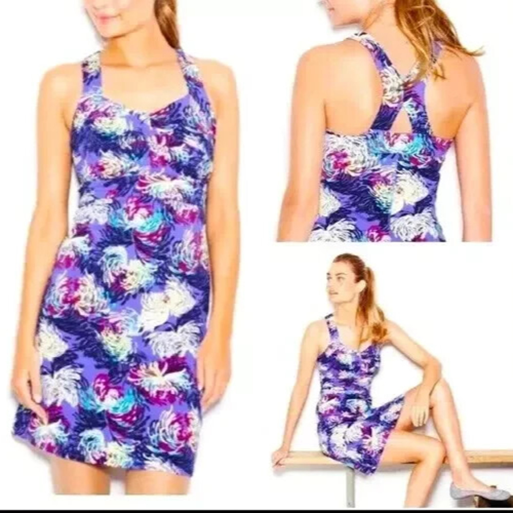 Zinni Garnett Hill Womens Yoga Dress S Purple Floral Shelf Bra Racer Back Active